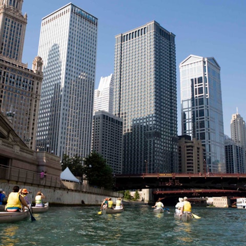 A group of canoers participating in a Friends of the Chicago River event.